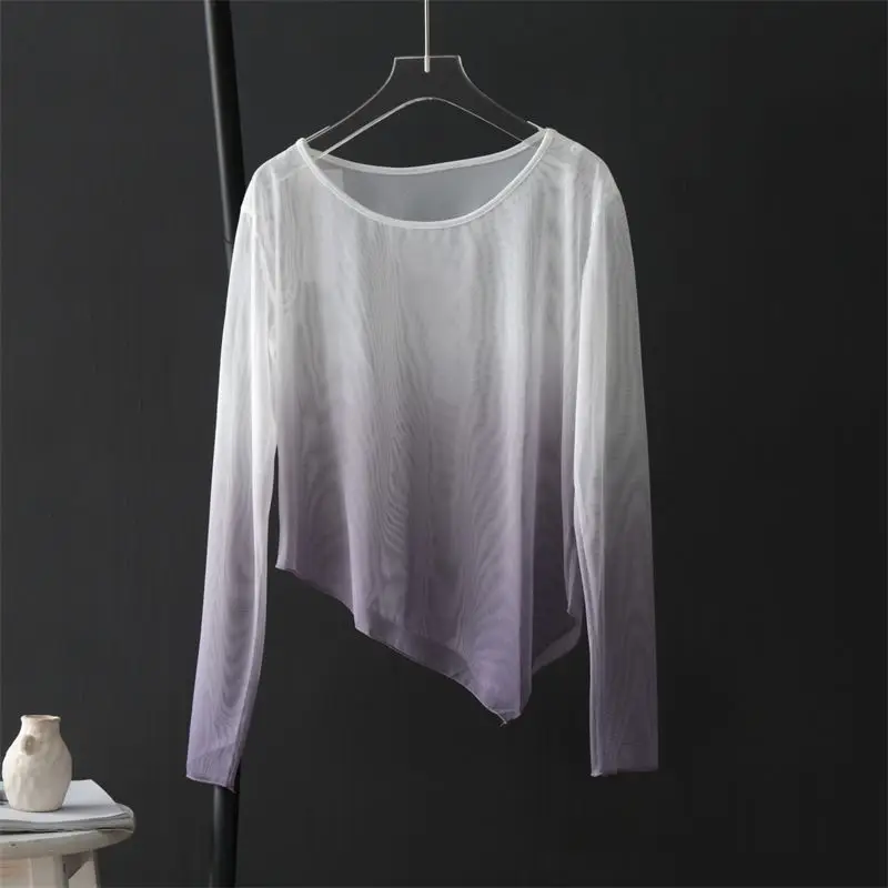 Spring Autumn New Fashion Tie Dye T-Shirts Women's Clothing Gradient Color Lace Tees O Neck Pullovers Thin Style Chaopai Tops