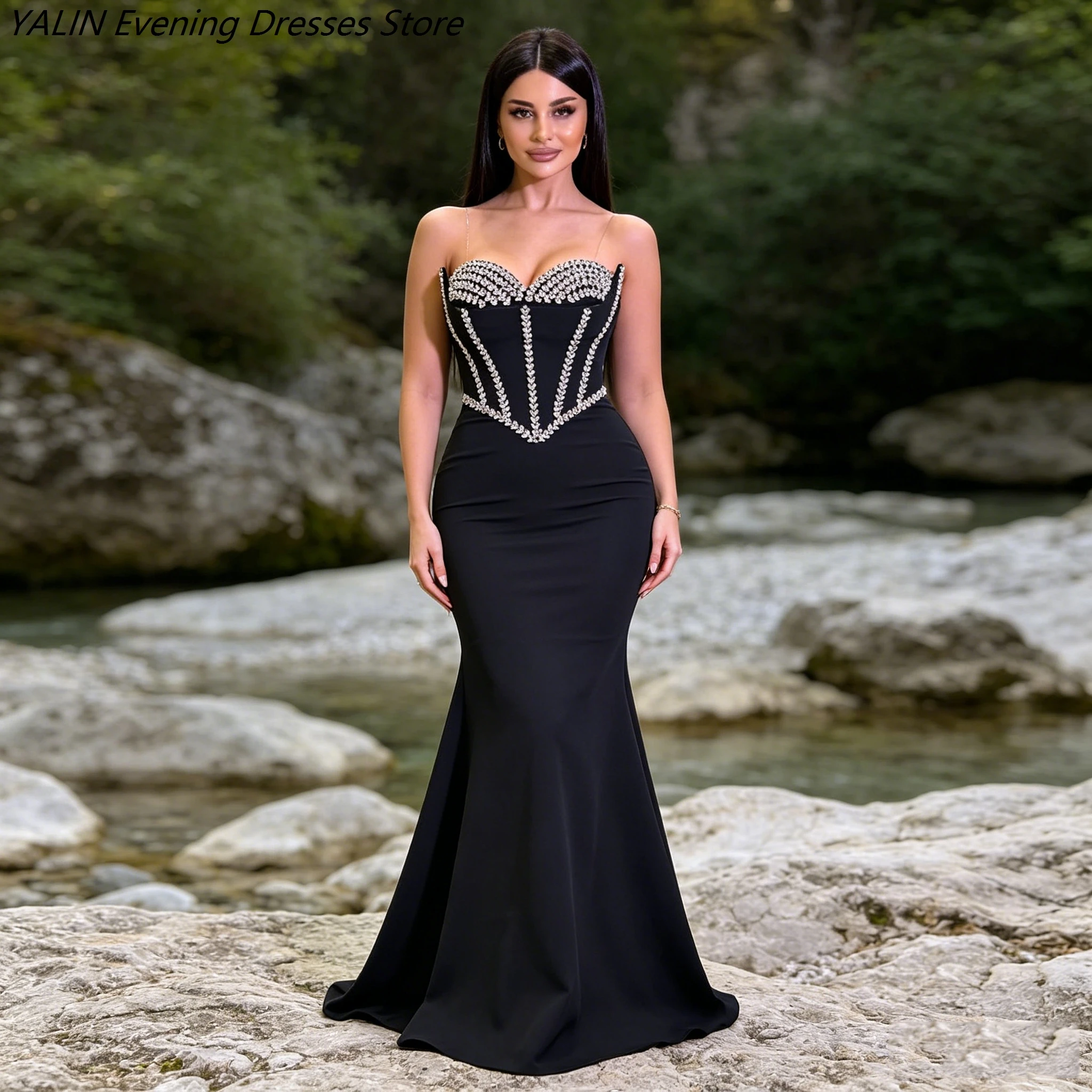 

Women's Mermaid Evening Dresses Floor-length Strapless Sleeveless Prom Dresses Fashion Crystal Simple Draped Customized Gowns