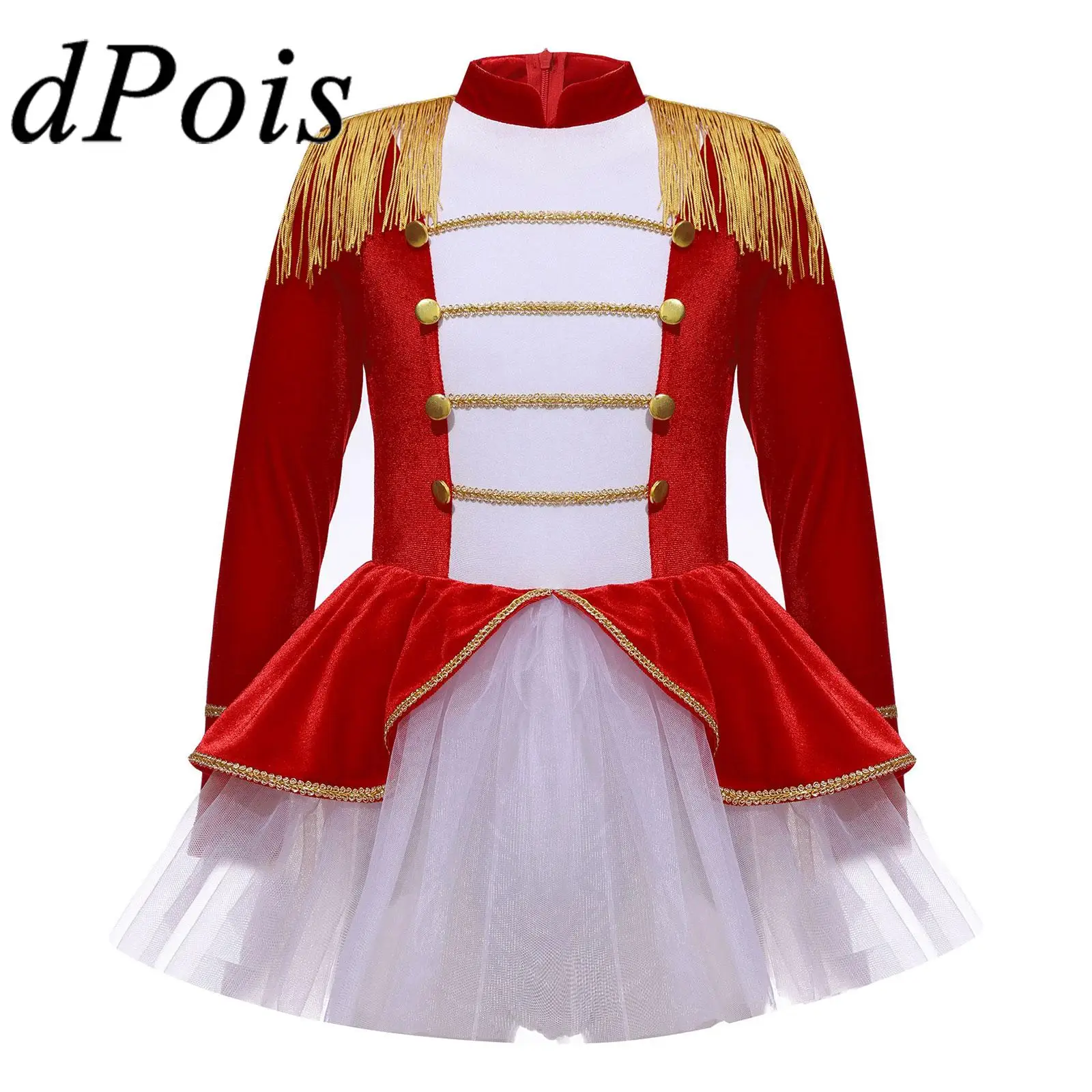 

Kids Girls Christmas Circus Ringmaster Costume Halloween Cosplay Carnival Party Long Sleeve Tassel Epaulet Tutu Leotard Dress