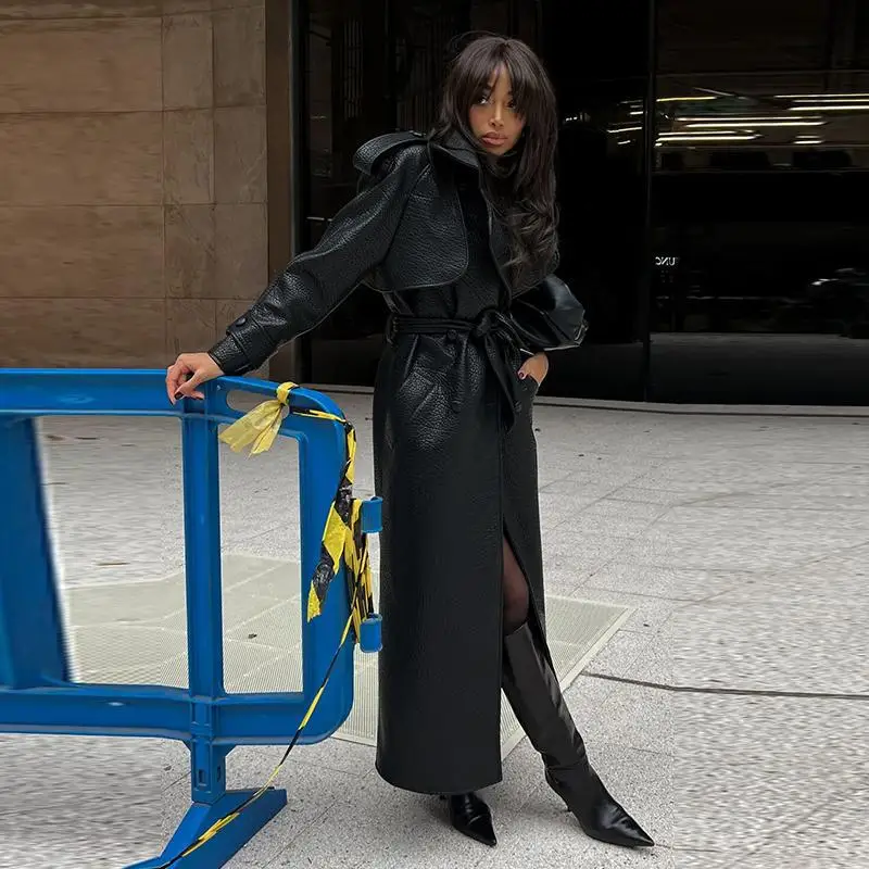 Casual Long Belted Sved irt Jaet Spring Autumn Sle Leather Coat Women's Faion Pure Color Loose Fit with Fur Collar