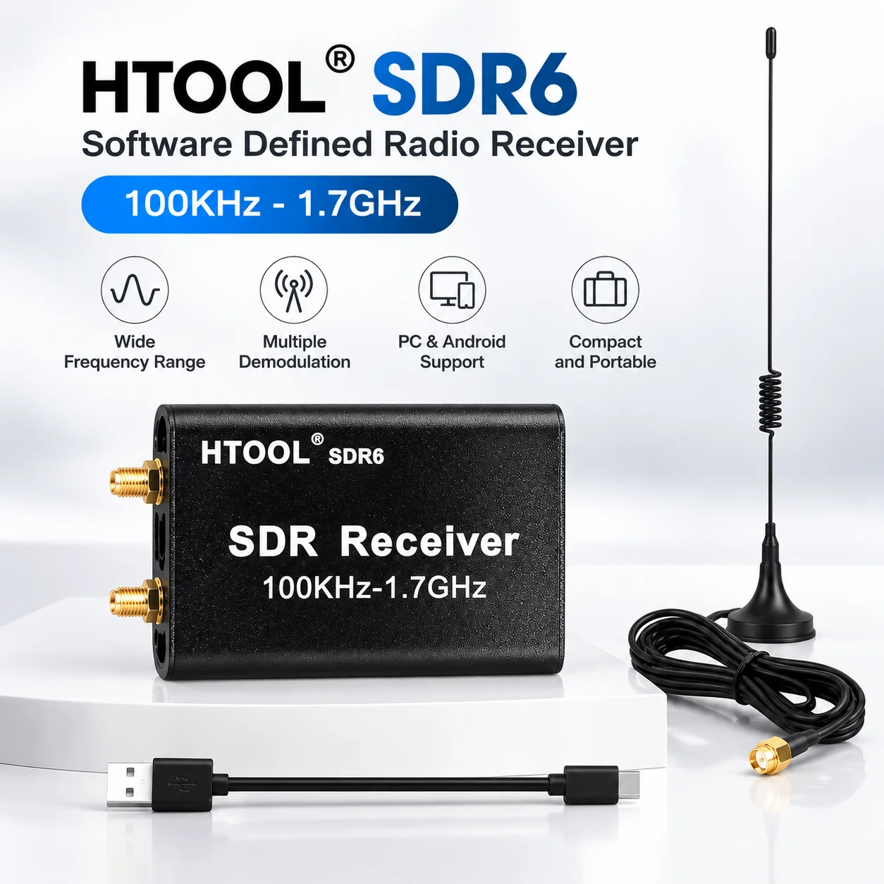 HTOOL SDR6 Full Band SDR Receiver 100KHz-1.7GHz RTL-SDR Software Defined Radio USB Receiver with Magnetic Suction Antenna RTL283