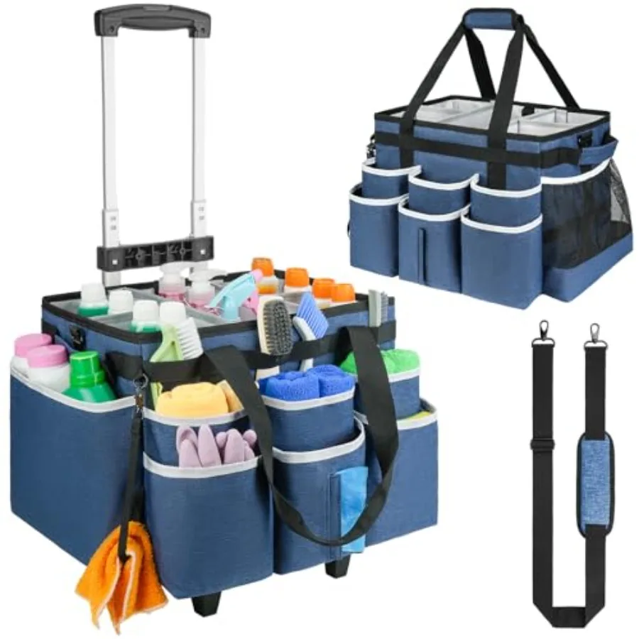 

Large Rolling Cleaning Caddy Bag with Detachable Trolley, Cleaning Cart on Wheels with Shoulder Strap, Cleaning Supplies Organi