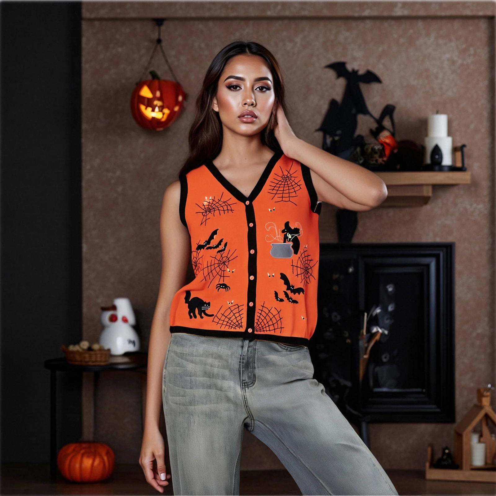Dames Halloween vest vest vintage mouwloze V-hals knop omhoog heks kat borduurwerk tops