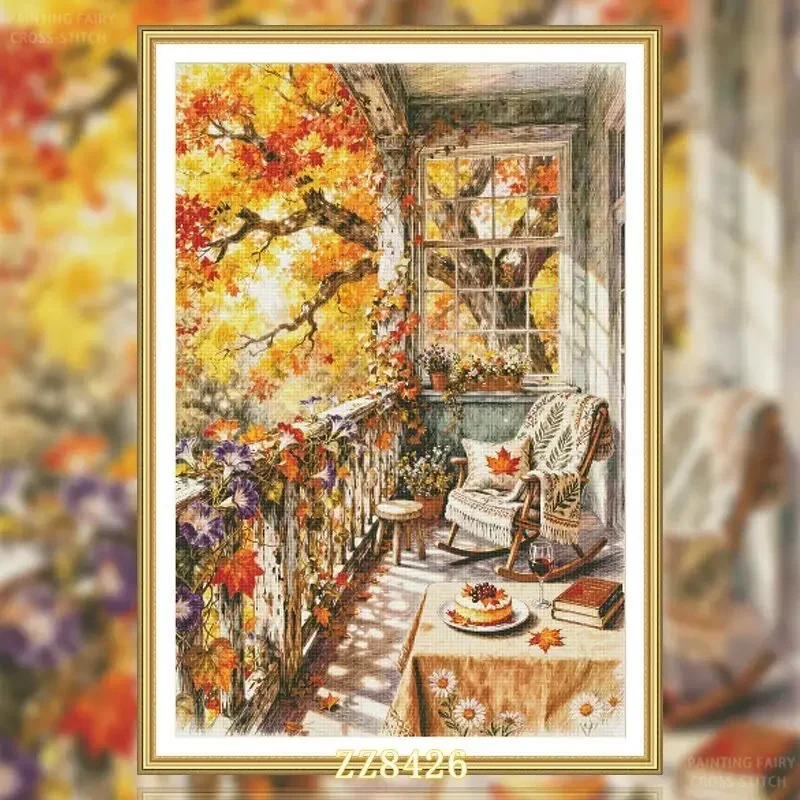 Stamped Cross Stitch Kit 11/14/16/18CT Pre Printed Canvas Cotton Threads DIY Embroidery[ZZ8426-Cozy time on the autumn balcony]