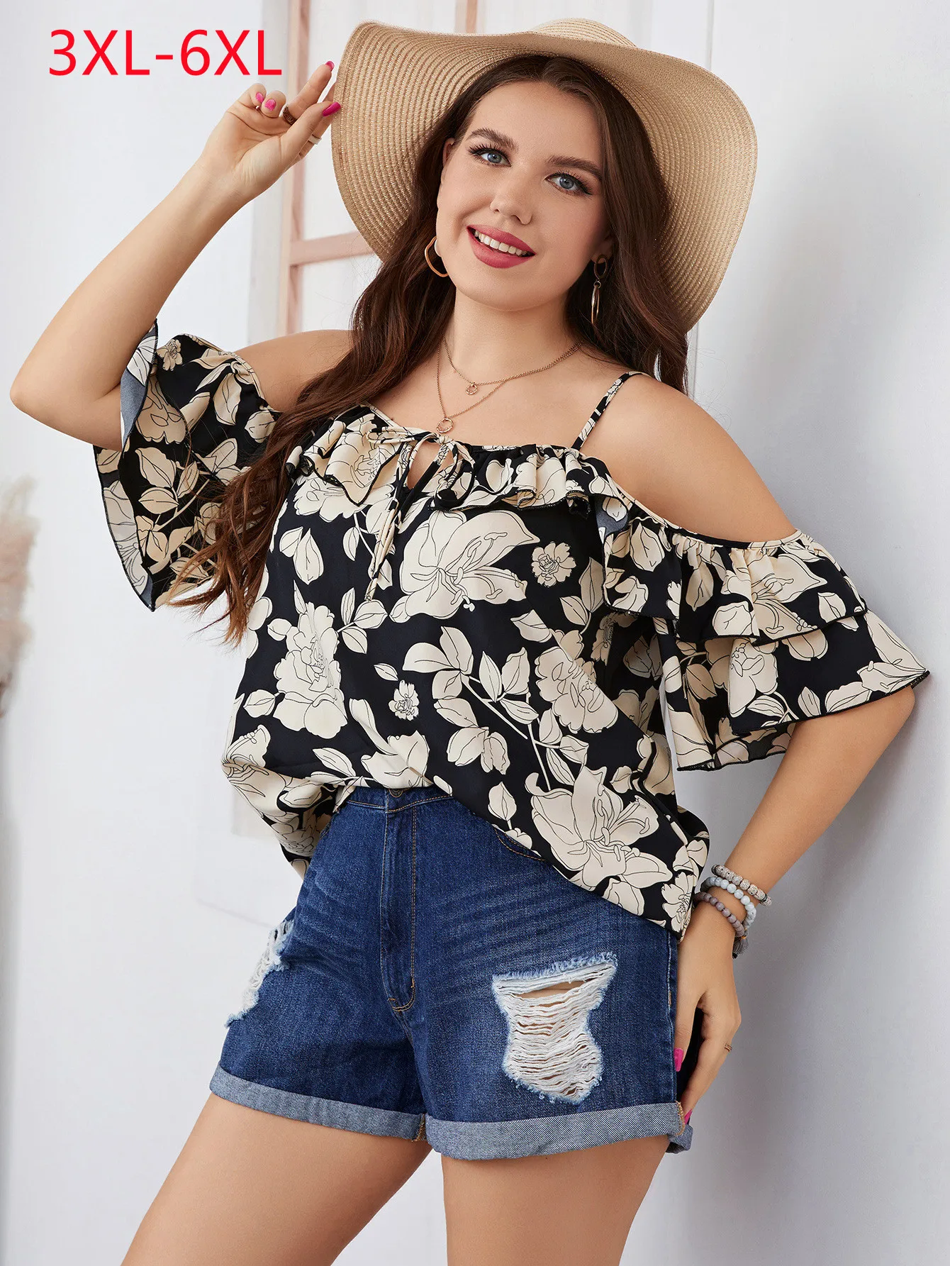 

New 2022 Ladies Summer Plus Size Off shoulder Camisole For Women Large Size Flower Short Sleeve Tops 3XL 4XL 5XL 6XL