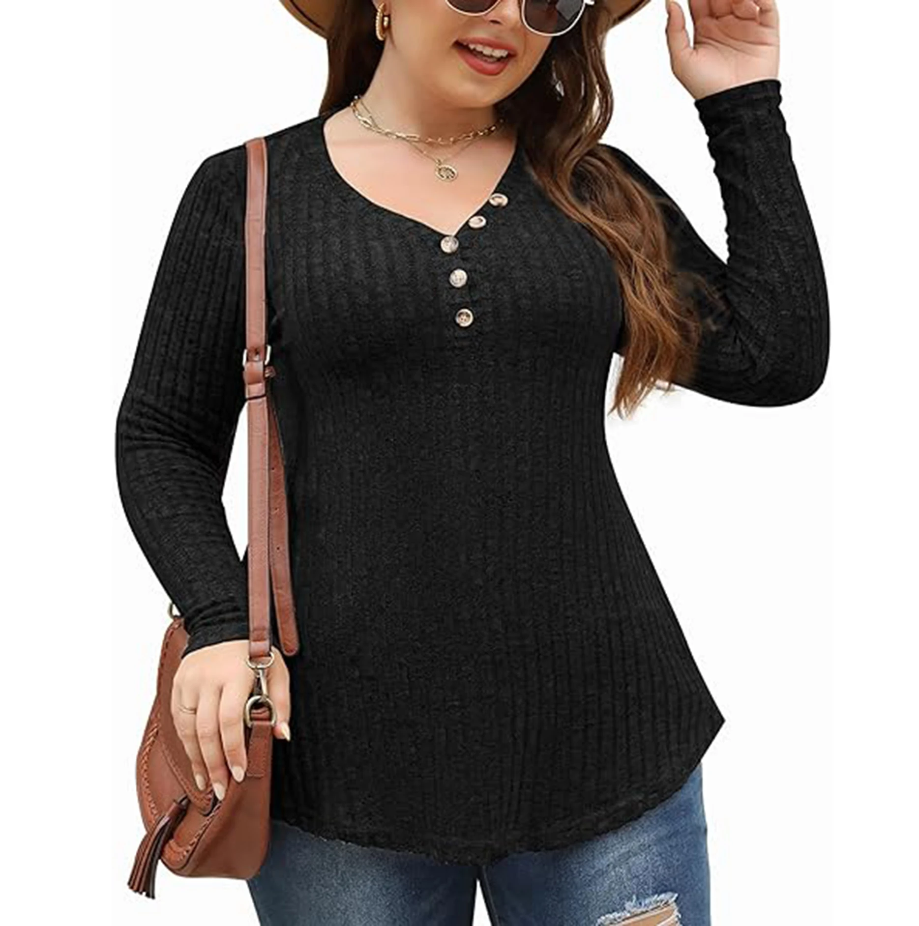 

2024 plus Size Large size autumn and winter long sleeved top for women V-neck button top loose fit