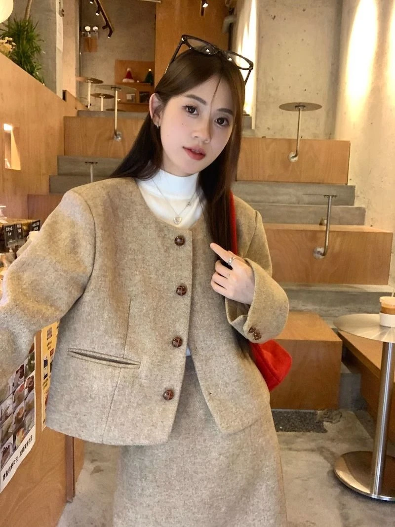 UNXX Chic Elegant Thickened Long Sleeve Woolen Coat Mid-length Skirt Women\'s Autumn Winter 2023 New Fashion Set High Quality