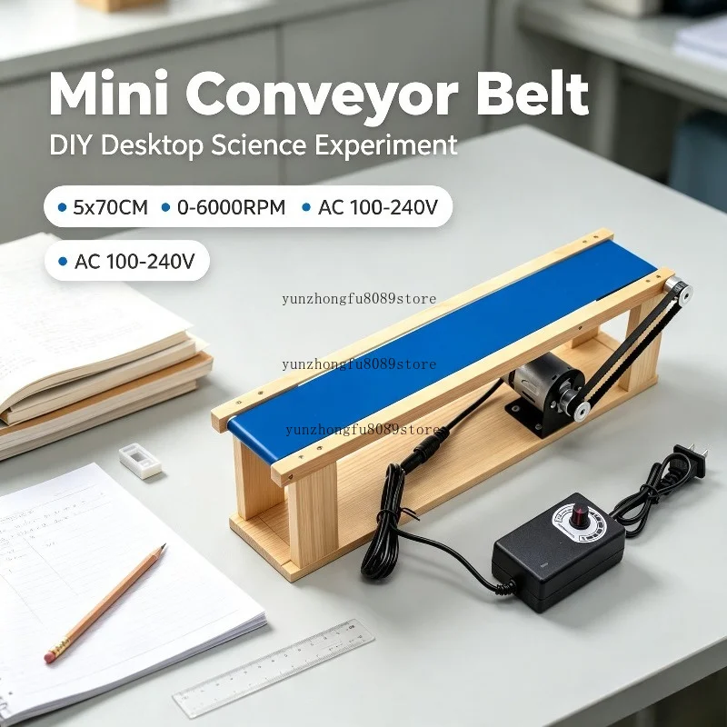 DIY Mini Desktop Conveyor Belt 5x70CM, AC100-240V 0-6000RPM Adjustable Speed Elevator Model, Friction Science Experiment