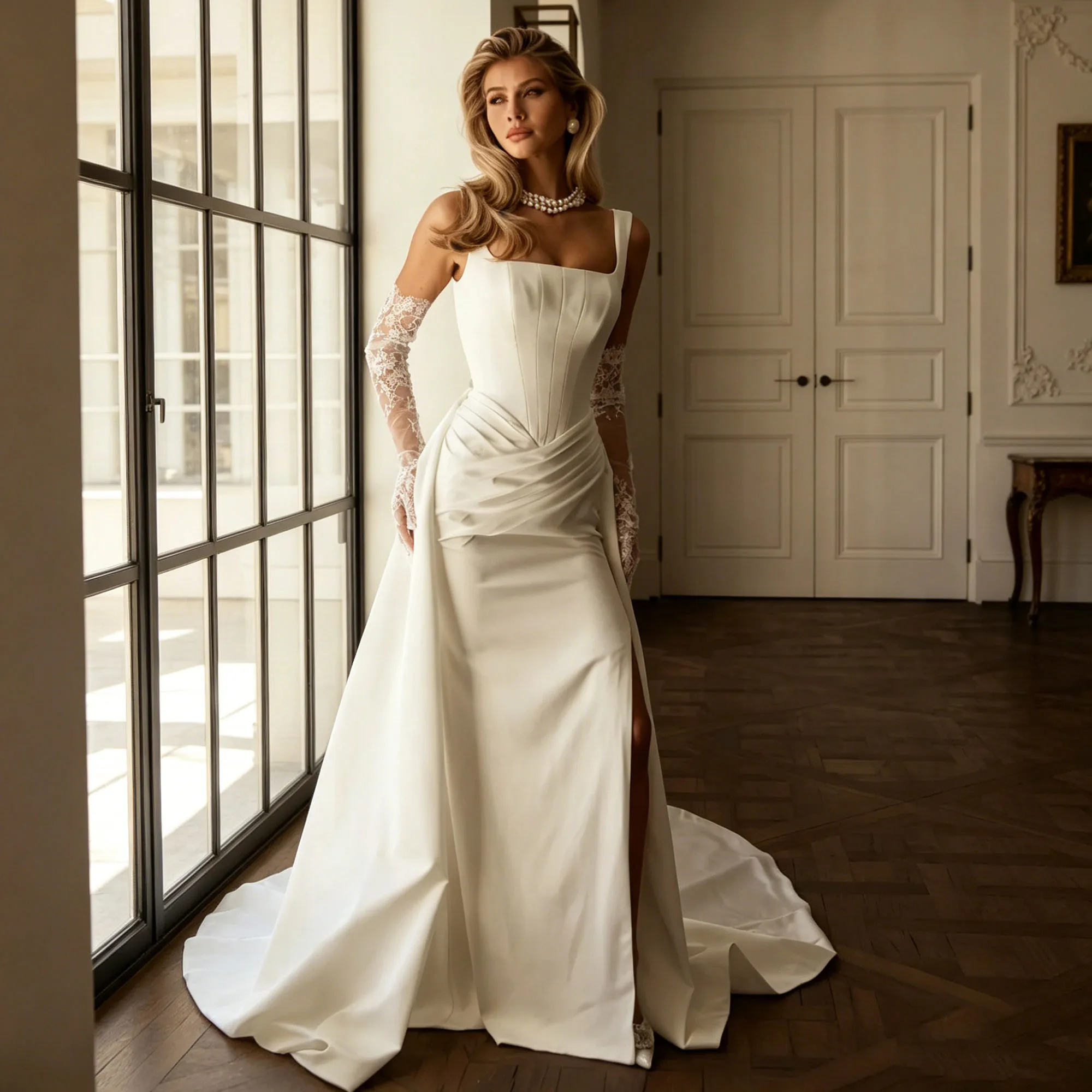 

Satin Simple Wedding Dress White Mermaid Bridal Gown Backless Spaghetti Straps Detachable Train vestidos noivas Customized