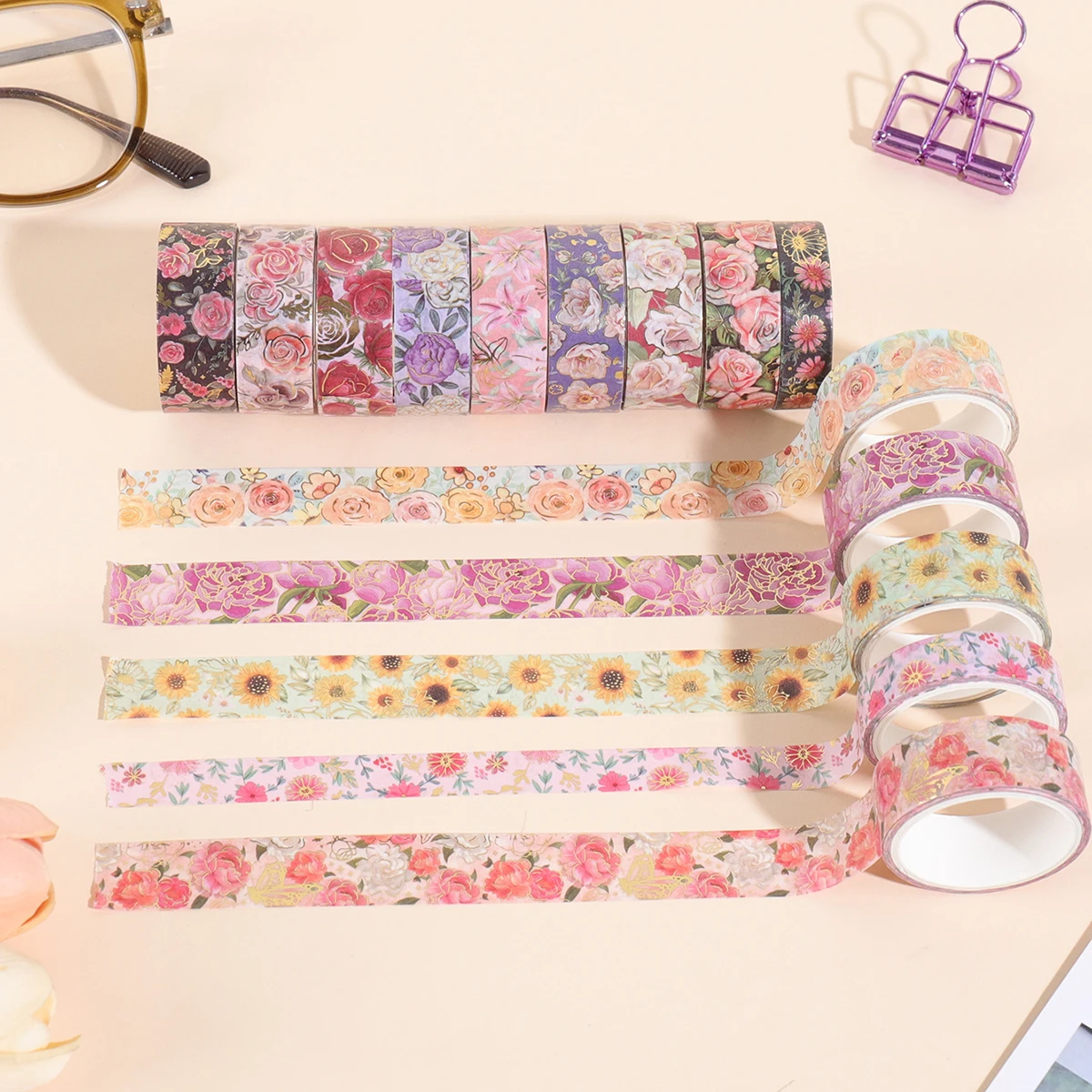 1 Box (18 Rollen) Washi-Tape-Set mit vergoldeten Blumen, Scrapbooking, DIY, Tagebuch, Schreibwaren, Deko, Kunstbedarf, Masking Tapes, Geschenk