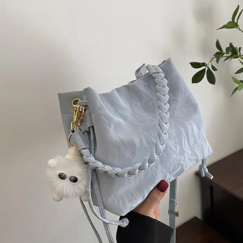 1pcs  Wrinkle PU Shoulder Bag Retro Unique Design Braid Handle Drawstring Pocket Cute Daily Shopping Crossbody Hand Purse