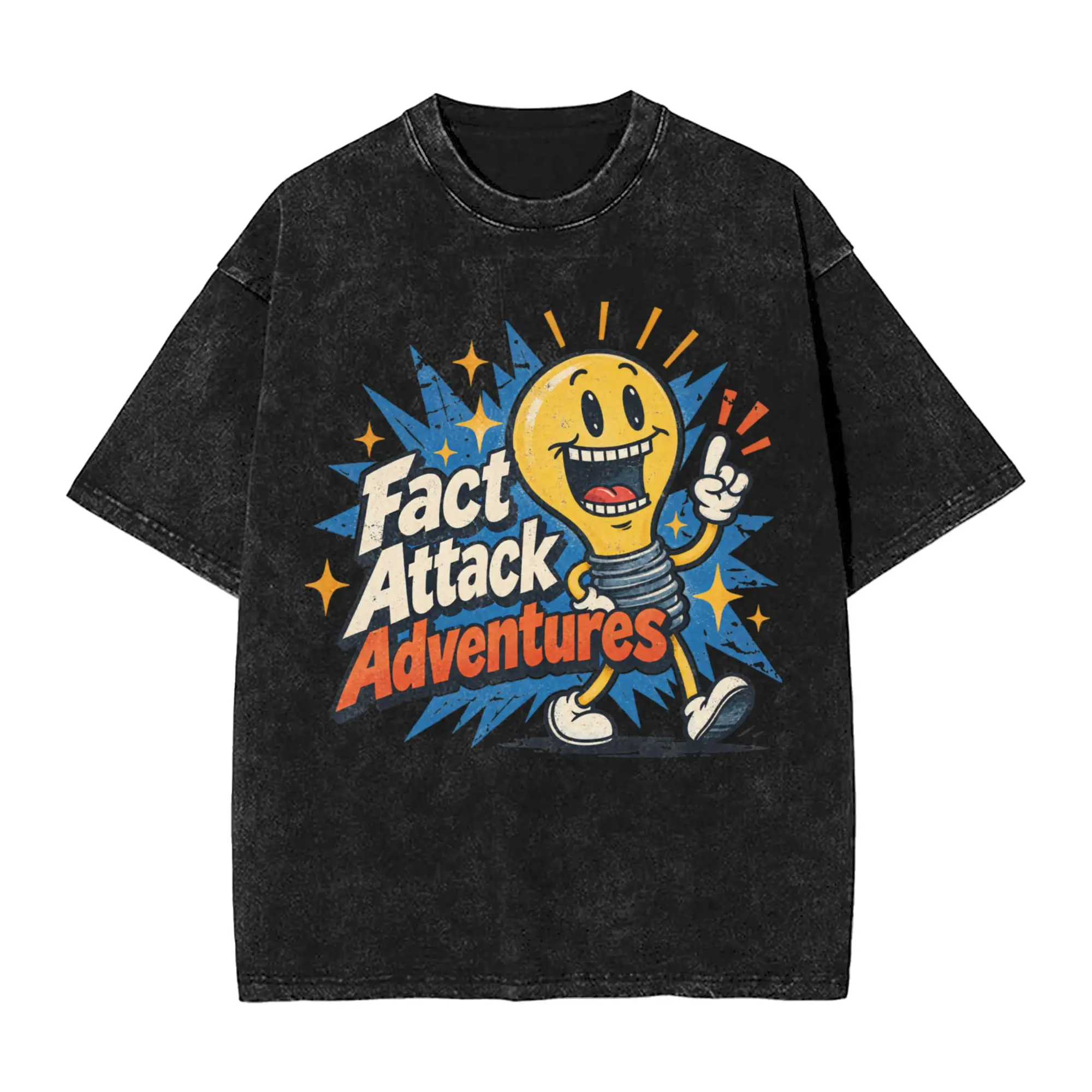 Harajuku Washed T-Shirt Light Bulb Fact Attack Adventures Cotton T Shirts Hipster T Shirt for Men Summer Y2K Classic Casual Tops