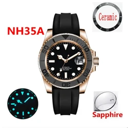Custom Luxury NH35 Men's Automatic Mechanical Yacht Watch Waterproof Clock Ceramic Bezel Rose Gold Rubber Band Miyota Movement