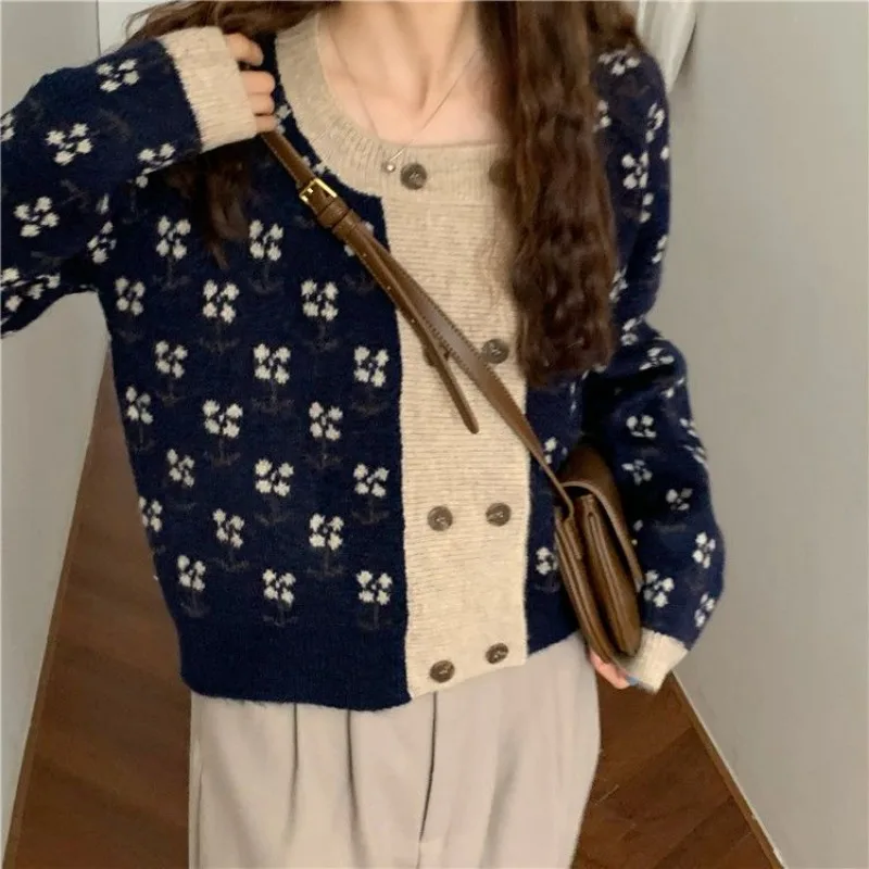 Sweet Knitting Cardigan Women Autumn Winter Fashion Floral Loose O-neck Sweater Coat Office Lady All-match Casual Knitwear Tops