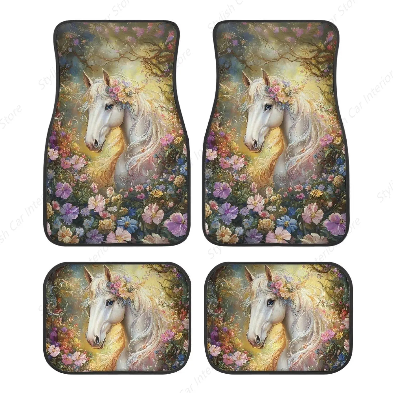 Alfombrillas para mujer para coches, estampado de flores de caballo blanco para todo tipo de clima, juego de 4 piezas, protectores de alfombras, revestimientos de suelo, ajuste Universal para la mayoría