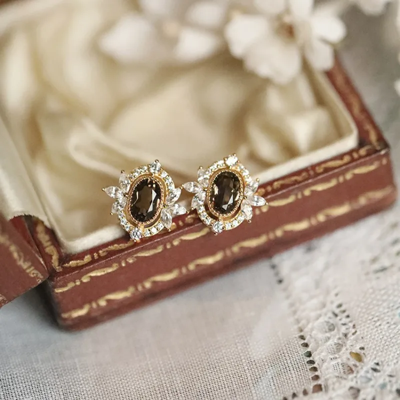 925 Sterling Silver Plated 14K Gold Vintage Delicate Inlay Coffee Colored Zirconia Kolczyki dla kobiet Wysokiej jakości biżuteria imprezowa — zdjęcie 6