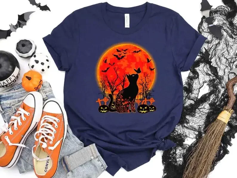 

Black Cat Halloween Shirt, Halloween Cat Moon Tee, Black Cats & Pumpkins Shirt, Funny Halloween Shirt,