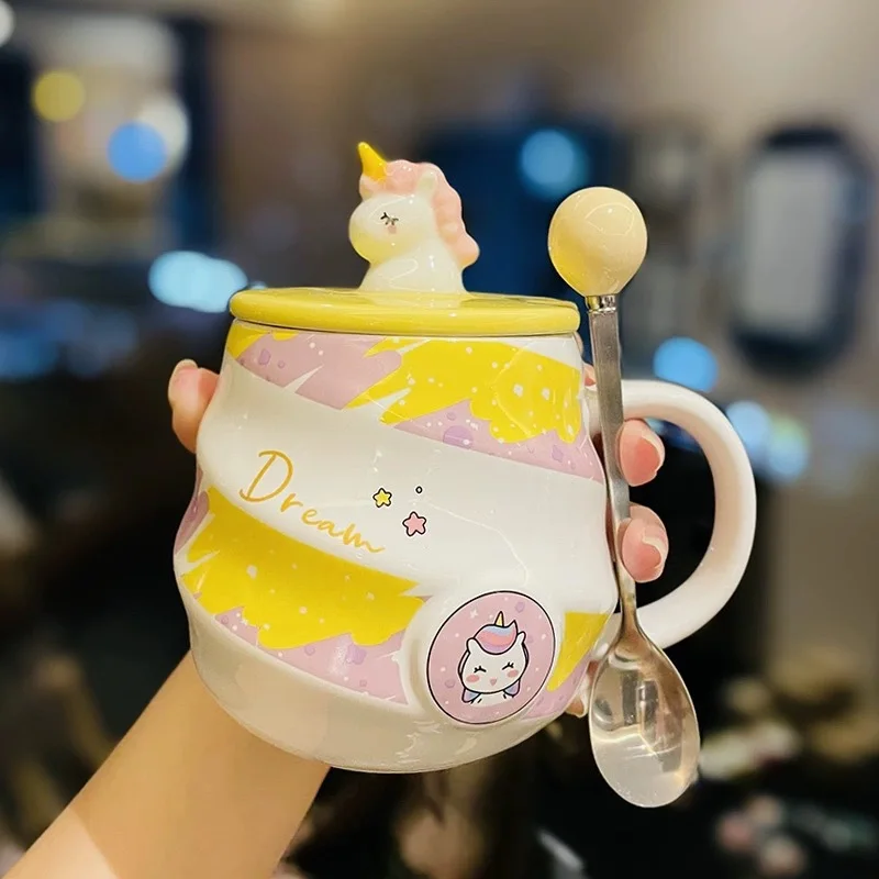 Cartoon creativity, fun unicorn ceramics, cute girl heart, rainbow student couple office coffee cup