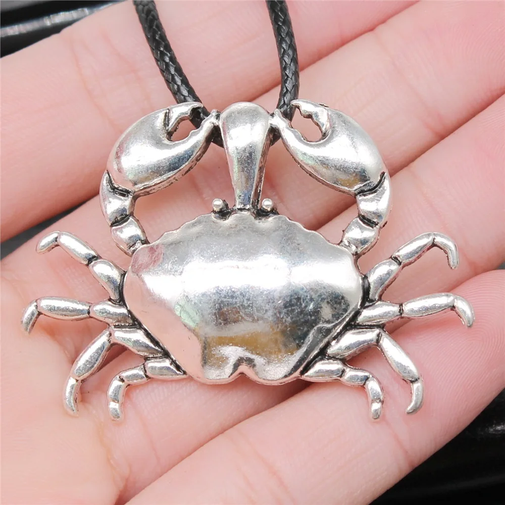 Dropshipping Antique Silver Color 38x54mm Crab Pendant Faux Black Leather Rope Chain Necklace