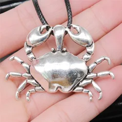 Antique Silver Color 38x54mm Crab Pendant Faux Black Leather Rope Chain Necklace