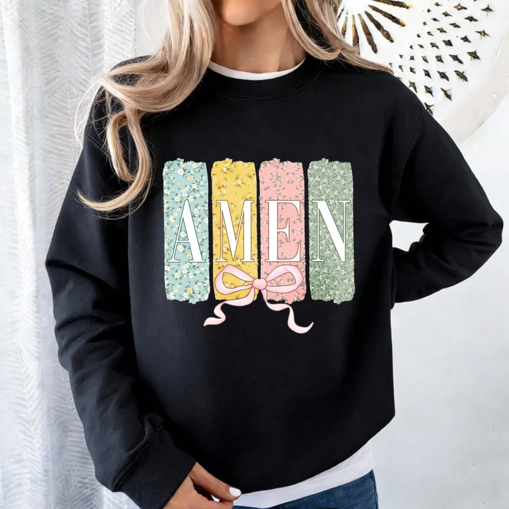 Amen Coquette Bow Women Sweatshirt Christian Easter Amen Varsity Tops Jesus Easter Bible Verse  Amen Women Pullover Clothes