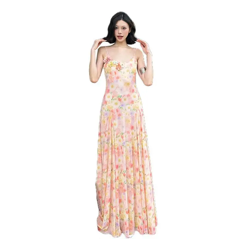 Sommer Fre Blumendruck Lang Dr Damen Cross-Border Sle Trägerkleid mittlere Taille A-Linie Rock Keine Marke Europäische Sle