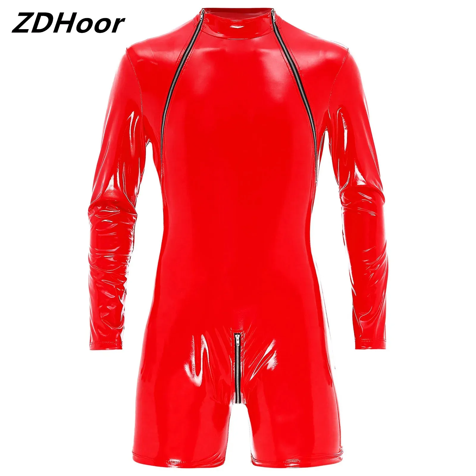 

Men Zipper Crotch Patent Leather Bodysuit Wet Look Long Sleeve Mock Neck Jumpsuit Club Dance Performance Costume