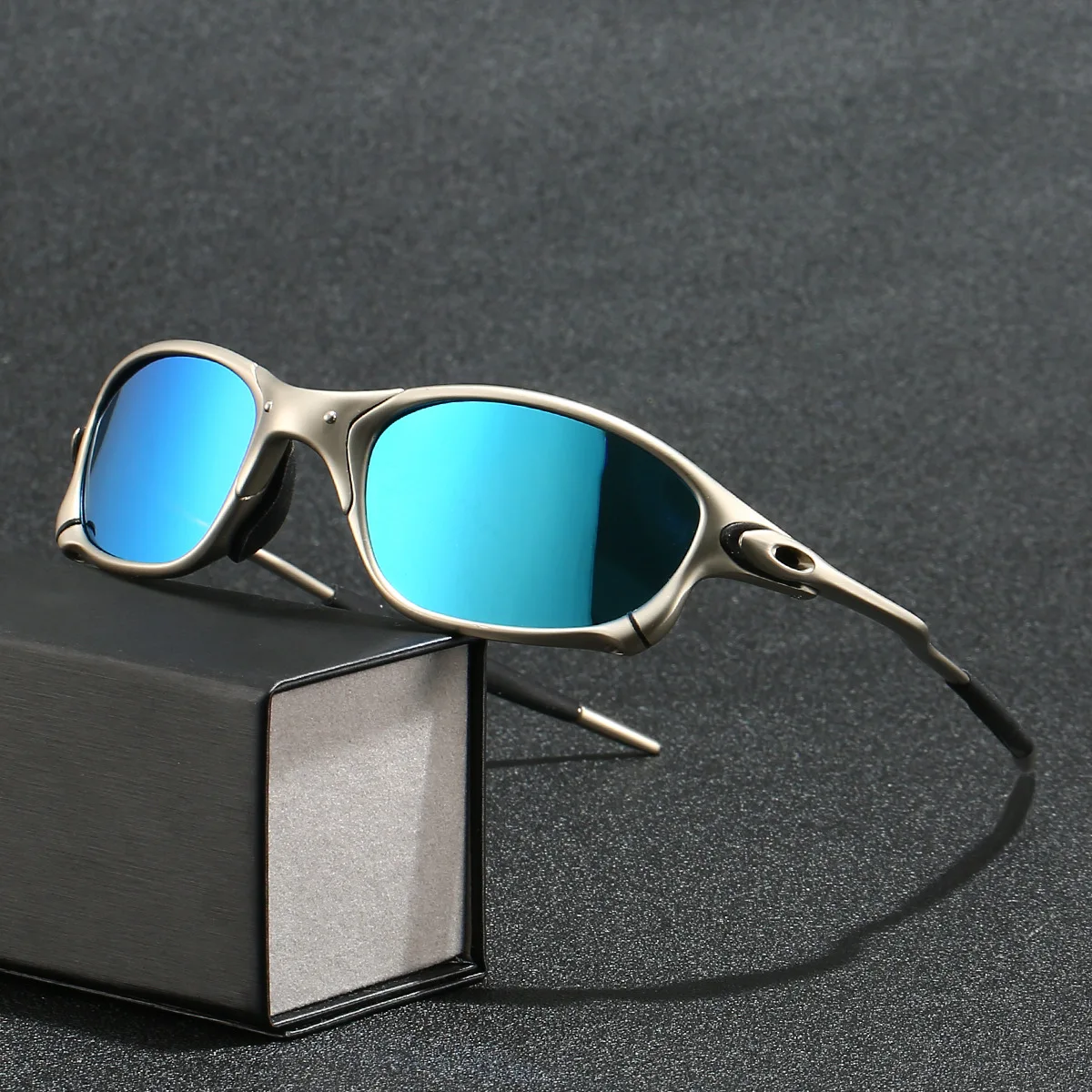 Silver-framed polarized sunglasses with metallic futuristic style for outdoor sports, trendy cycling, UV protection.