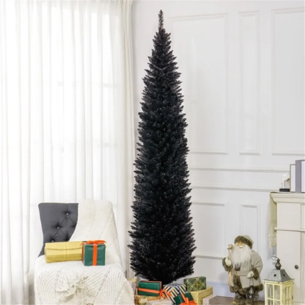 

The 8-foot-tall artificial Christmas tree comes in a slim pencil style, with 618 branches adding a lush look to the tree