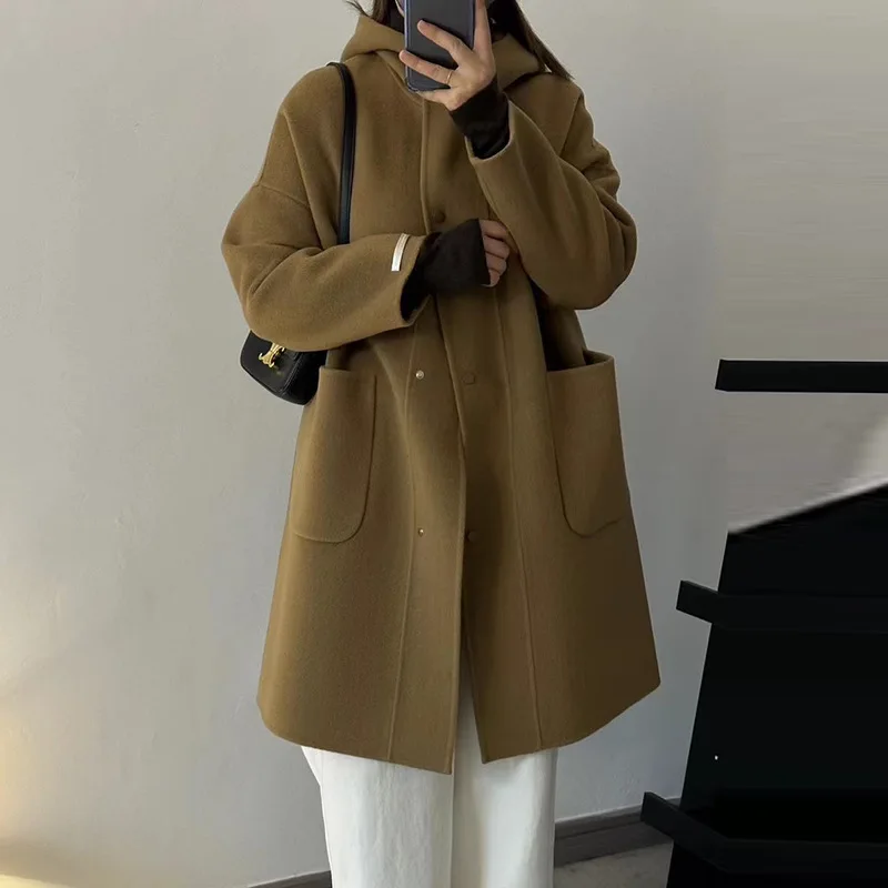 2024 Autumn/Winter New Double sided Cashmere Coat for Women, Medium to Long, Small and Elegant, Hooded Woolen Coat