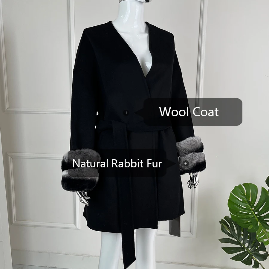 Womens Jackets Cashmere Coat Women Luxury Real Wool Coat With Natural Rex Rabbit Fur Cuffs Mid-Length Clothes