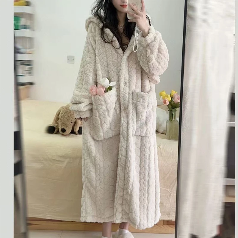 Women's Flannel Coral Fleece Long Hooded Nightgown Warm Plush Loungewear with Pockets Casual Home Sleepwear for Autumn Winter image 4
