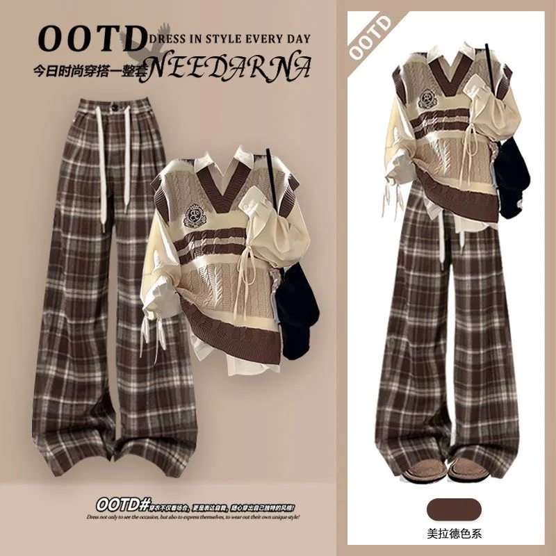 Ensemble de Style collégial, chemise gilet tricotée coréenne pour femmes, pantalon décontracté à carreaux de Style paresseux, ensemble trois pièces élégant pour femmes