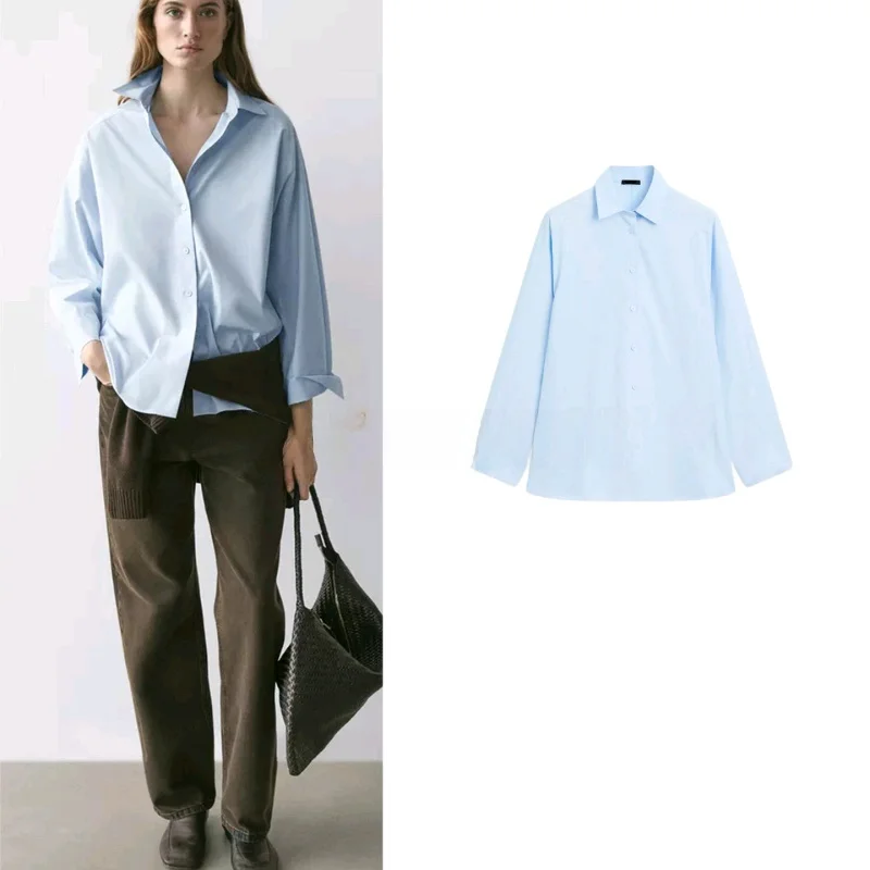 

Spring New Style Women's Commuter Loose Fit Long Sleeve Shirt Collar Insertion Shoulder Top Polyester Fiber Skin-friendly Bre...