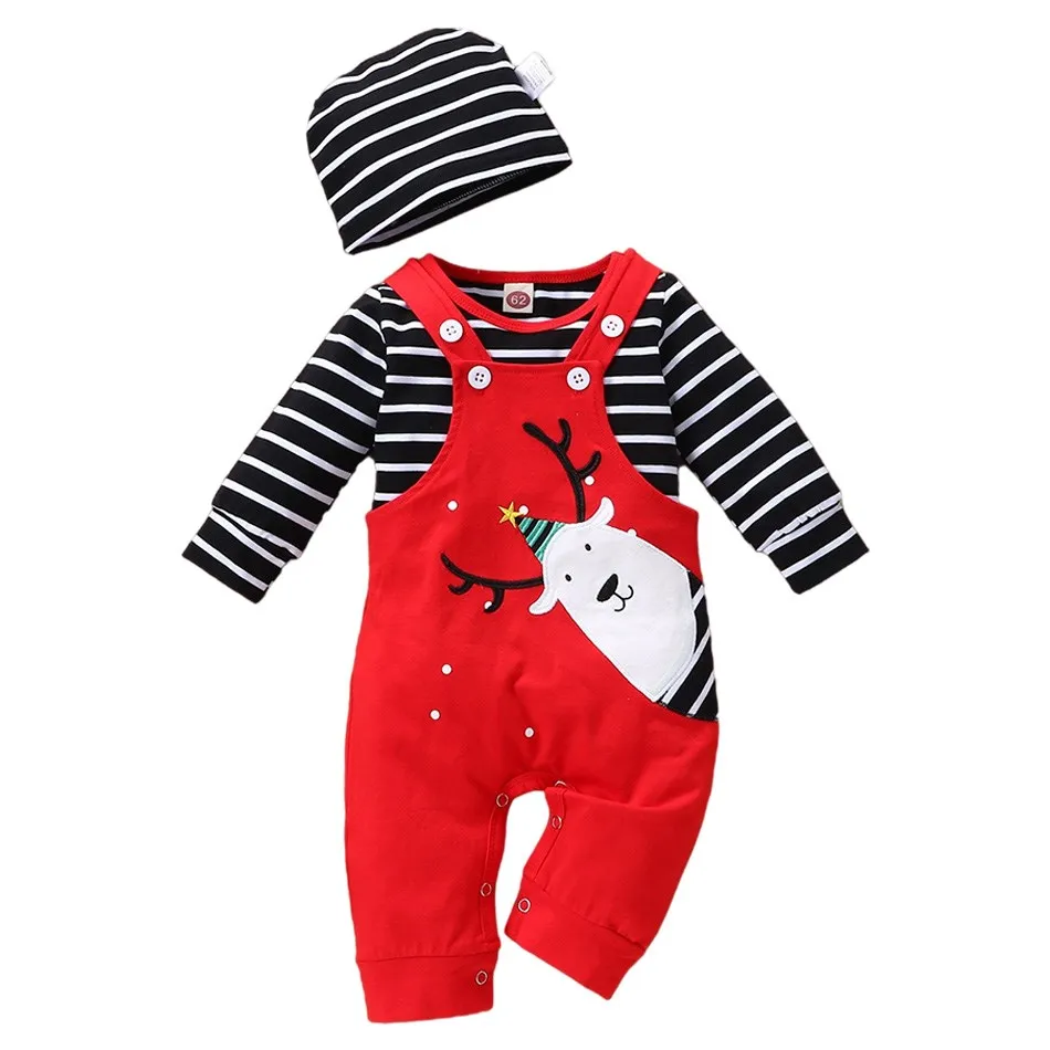 

Winter Long Sleeve Striped Elk Newborn Three Piece Set Infant and Young Childrens Top Suspender Pullover Hat Set 0-18 Months