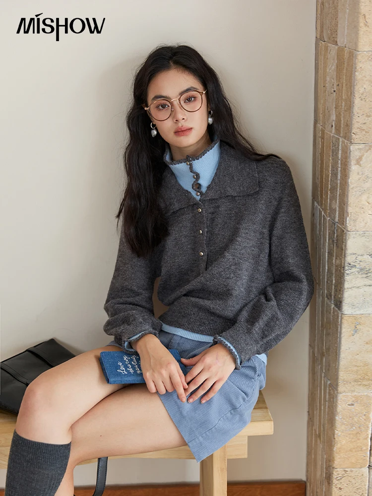 

MISHOW Элегантные женские свитера, осень 2024, дизайнерские вязаные двухслойные свободные топы с отложным воротником и длинными рукавами MXE45Z2502