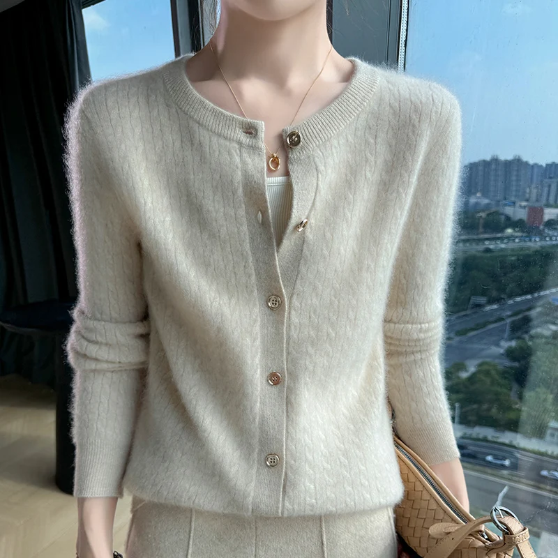 

Women’s Cardigan Sweater O-neck 100% Pure Wool Tops Autumn/Winter Long Sleeved Knitted Fashion Close fitting Versatile Coat