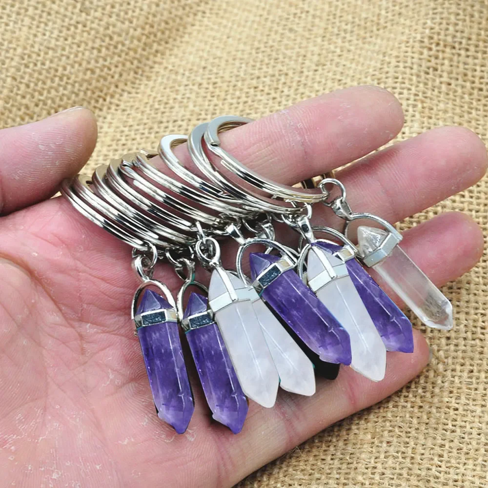 

1Pc Fashion Hexagonal Column Natural Stone Amethyst Keychain for Women Rose Quartz Stone Key Rings on Bag Car Party Friends Gift