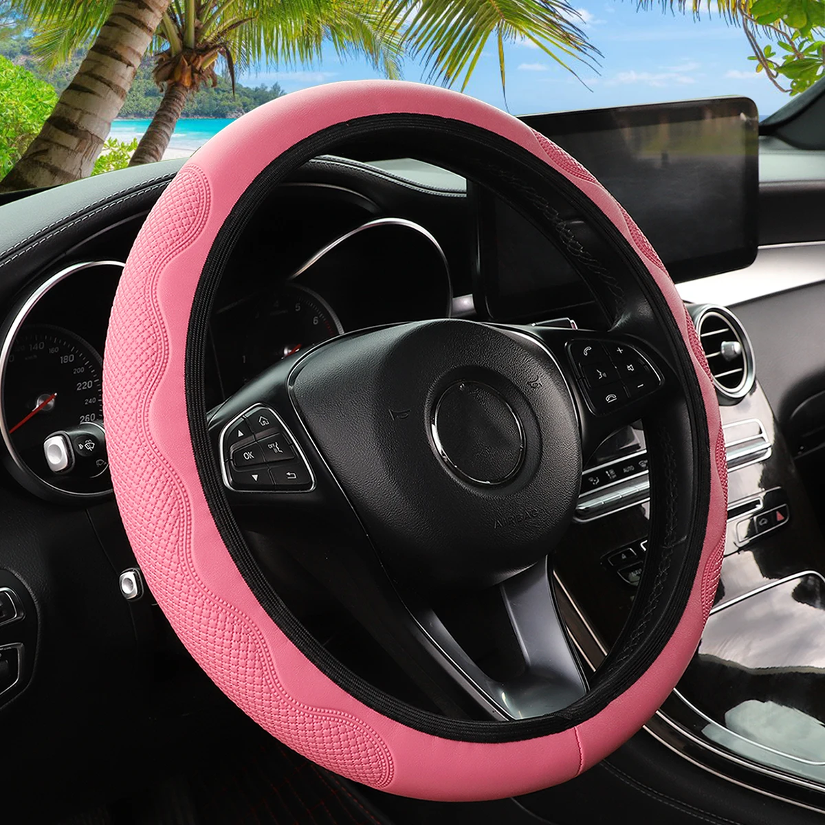 Universal PU Leather Embossed Wave Pattern Steering Wheel Cover Car Rimless Interior Decoration All Season Fit