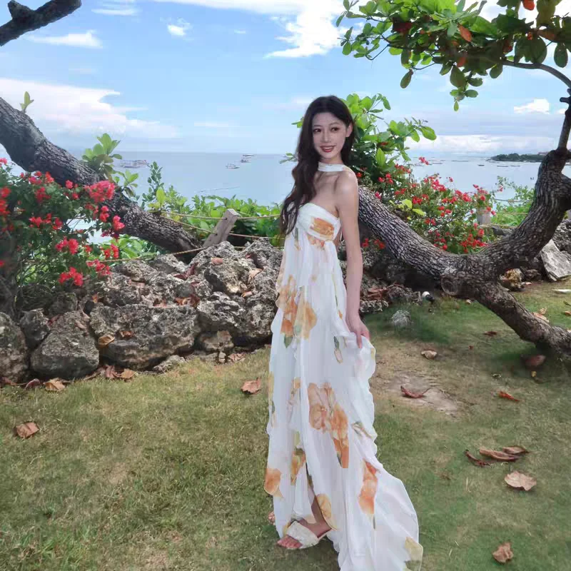 Verano mujeres francés Vintage Maxi fuera del hombro vestido bohemio sin espalda fiesta de noche gasa vestido de fiesta Floral N805