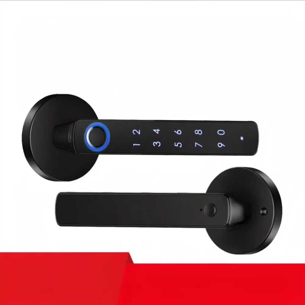 Biometric Fingerprint Door Lock Smart Bluetooth Handle Lock Keyless Entry System Modern Matte Black Wooden Door Latch