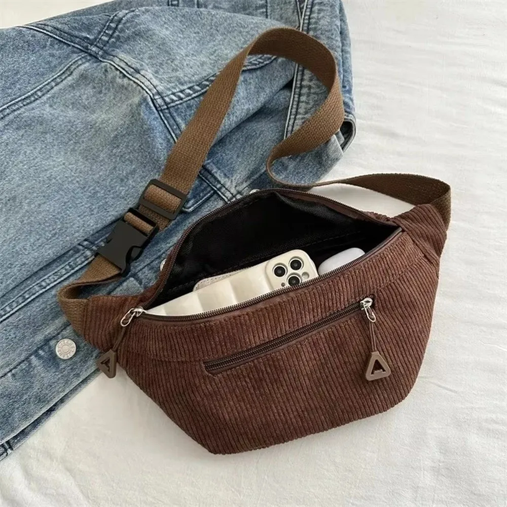 Casual Large Capacity Waist Bag Brown Corduroy Anti Theft Crossbody Bag Belt Bag Women view 2