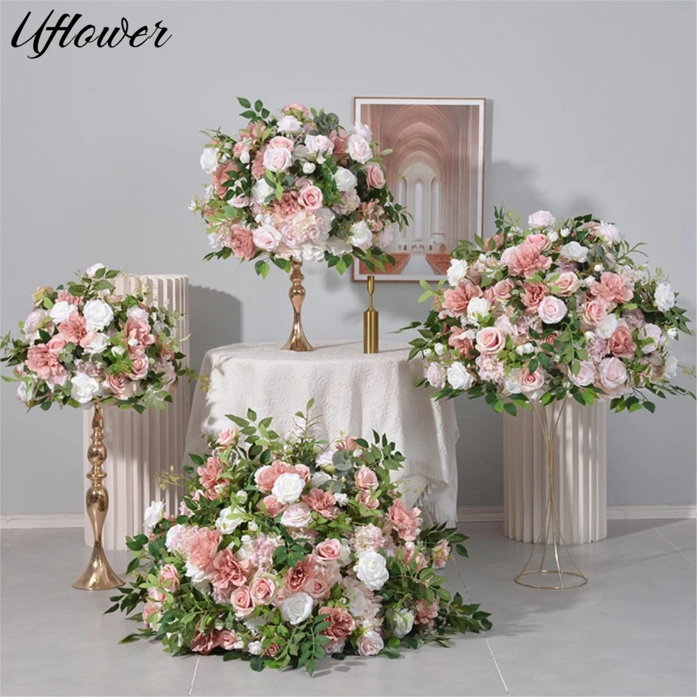

Uflower Pink White Rose Artificial Flowers Wedding Table Decoration Road Lead Flower Ball Table Centerpieces Event Party Props