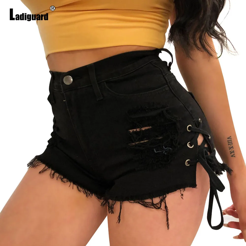 Ladiguard 2022 Sexy Fashion denim shorts Women Casual Shredded Demin Shorts Pants High Cut Ladies Vintage Flower Tie Short Jeans