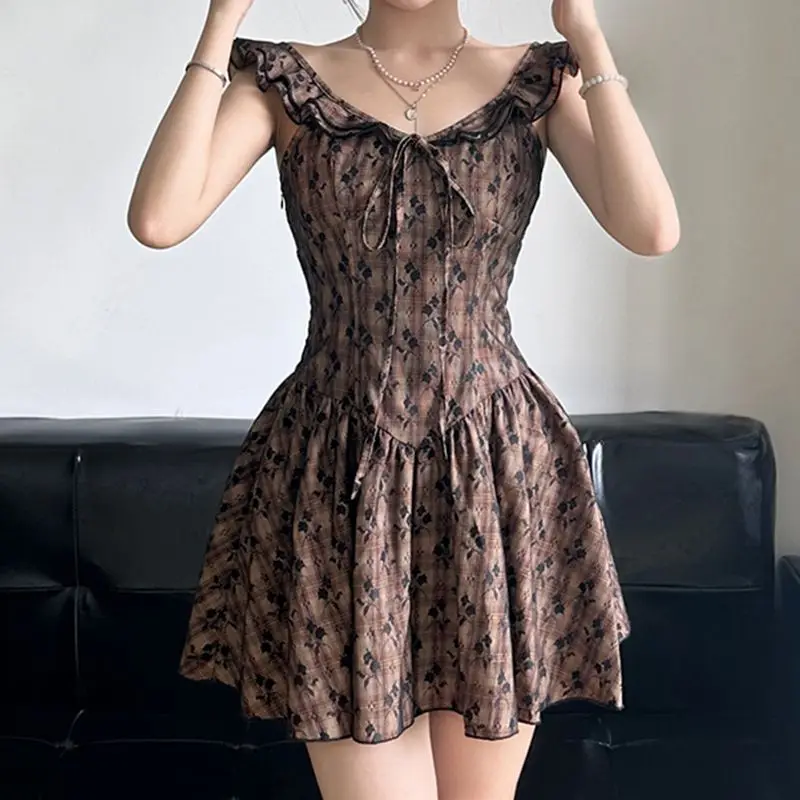 Dress Plaid Ruffle Lace Small Flying Sleeves French Style Women'S Summer New Style Waist Slimming Hot Girl Short Skirt