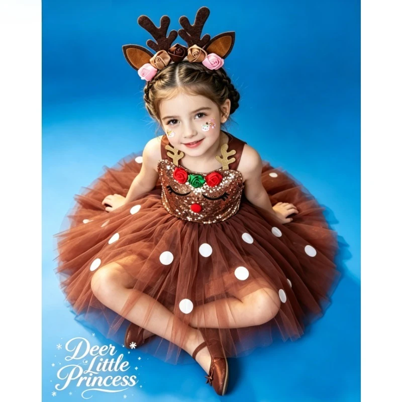

Kids Christmas Princess Tutu Skirt Holiday Costume Party Outfit Stage Performance Wear Set Cute Little Girl Festival Daily Dress