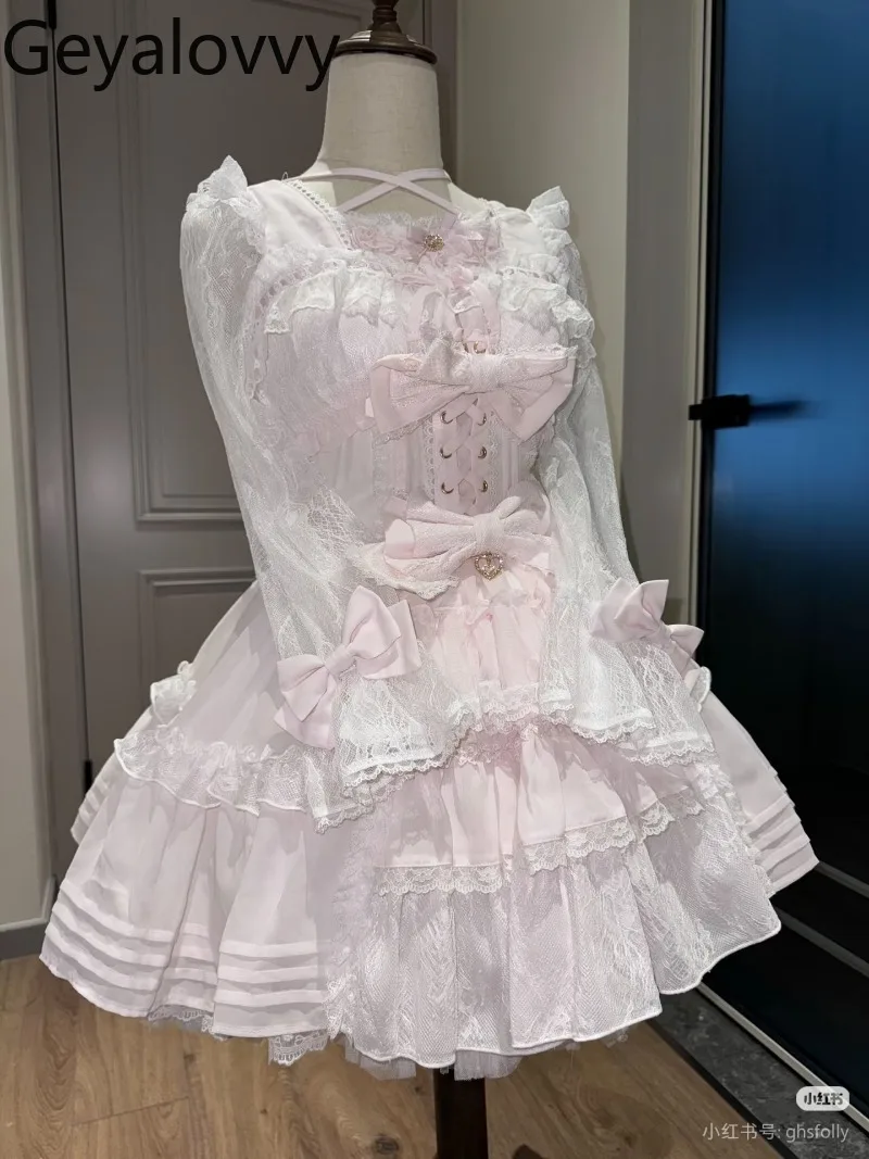 النمط الياباني الإنتاج الضخم جديد الحلو لطيف الفتيات عالية الخصر سليم صالح فستان بكم طويل لوليتا الدانتيل المرقعة القوس فستان قصير #5