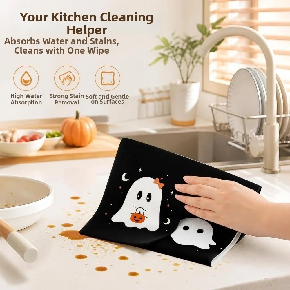 2 pcs Reusable Ghost Halloween Dish Towels Cat Strong Absorbent Kitchen Towel Funny Pumpkin Hand Towel Home Decoration