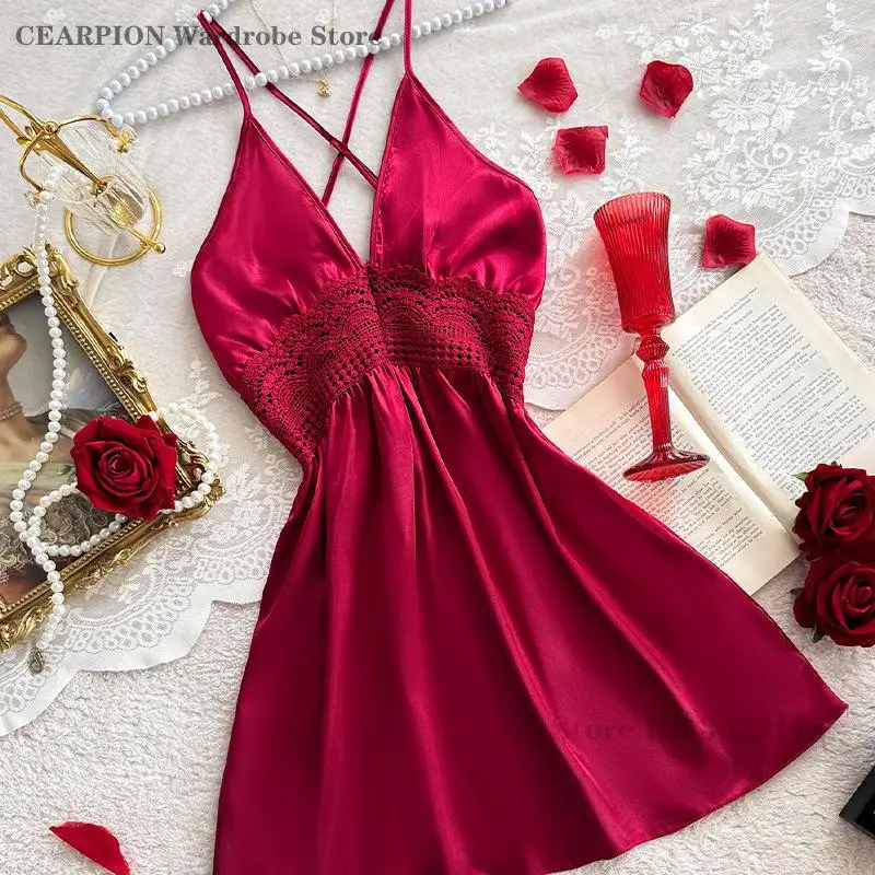 

Female Nightdress Sexy Backless Spaghetti Strap Nightgown Sleepwear Summer Nightwear Loose Satin Home Dressing Gown Lingerie