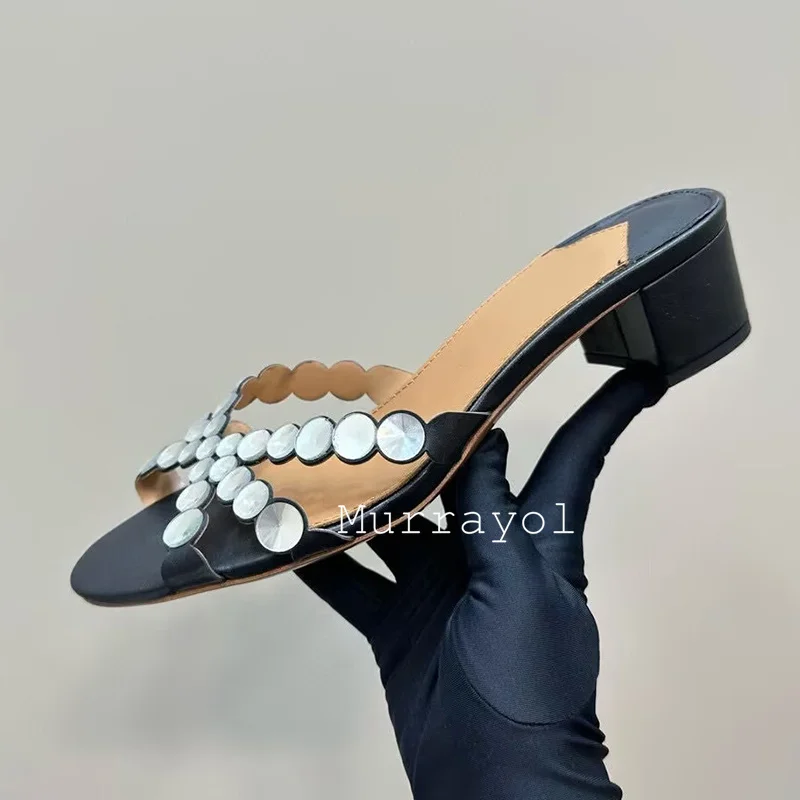 Rhinestone Decor Square Heels Slippers Women Open Toe Thin Band Cross Sandals Summer Sandy Beach Vacation Shoes Dress Shoes